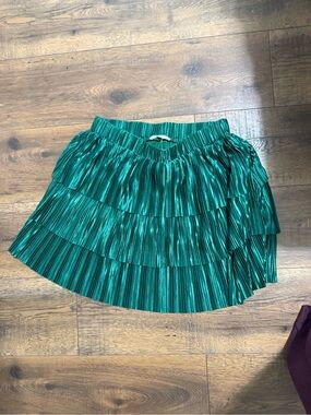 Timing Metallic Emerald Tiered Skater Mini Skirt